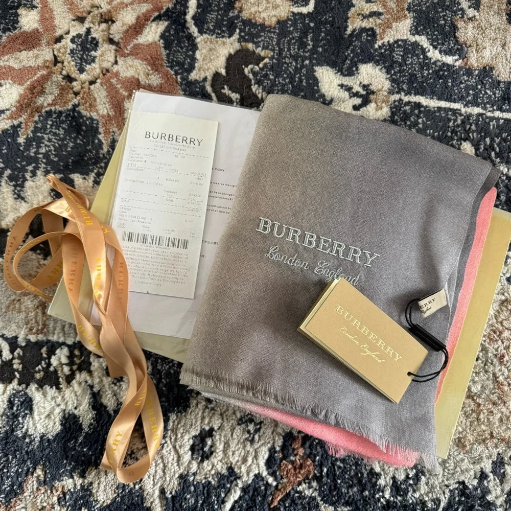 Burberry Gray and Pink Scarf Ombré Cashmere Silk Blend Quiet Luxury